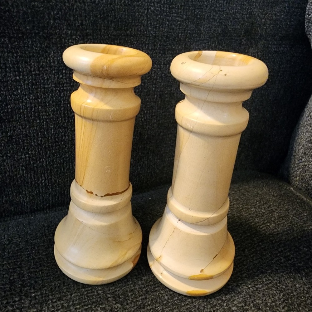 Set Of 2 Vintage Carved Onyx‎ Natural Stone Candlesticks Holder Marble